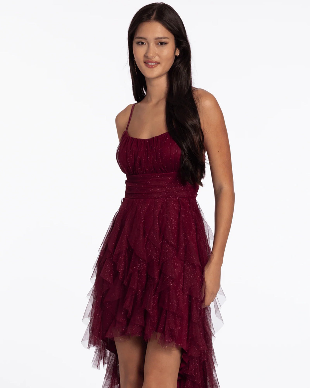 Wine spaghetti-strap A-line high-low dress with lace embellishment and tiered tulle skirt
