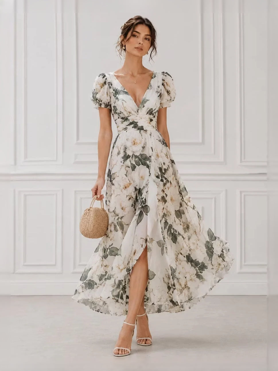 Ivory floral chiffon midi A-line dress with V-neck, puff sleeves, and front slit