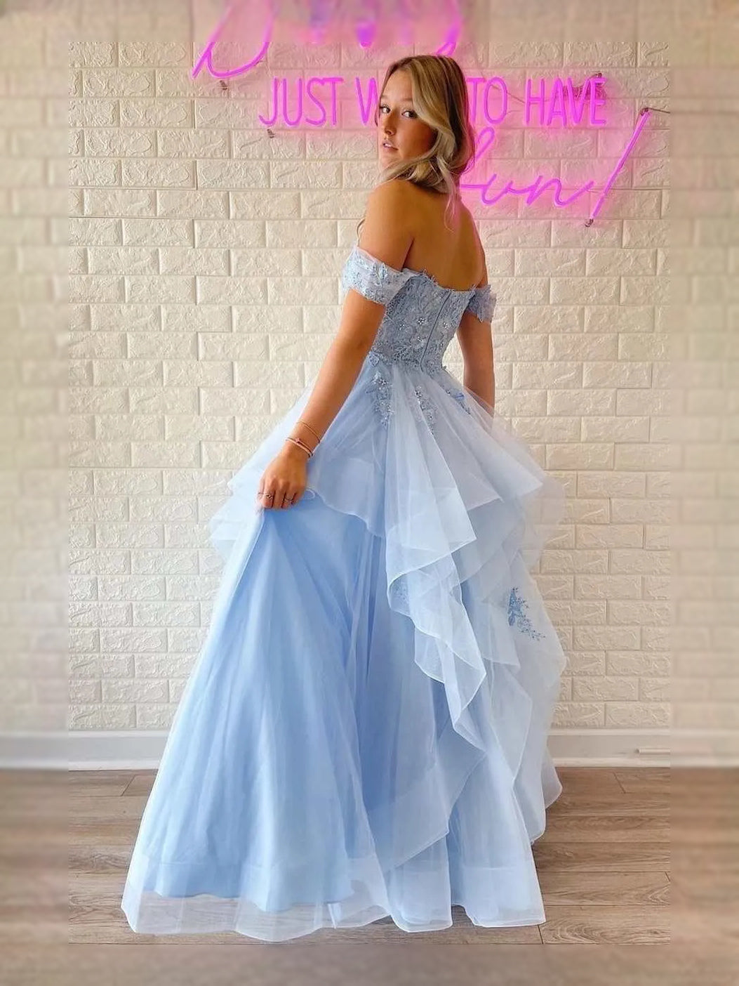 Sky blue off-shoulder lace bodice A-line tulle maxi dress with cascading ruffles