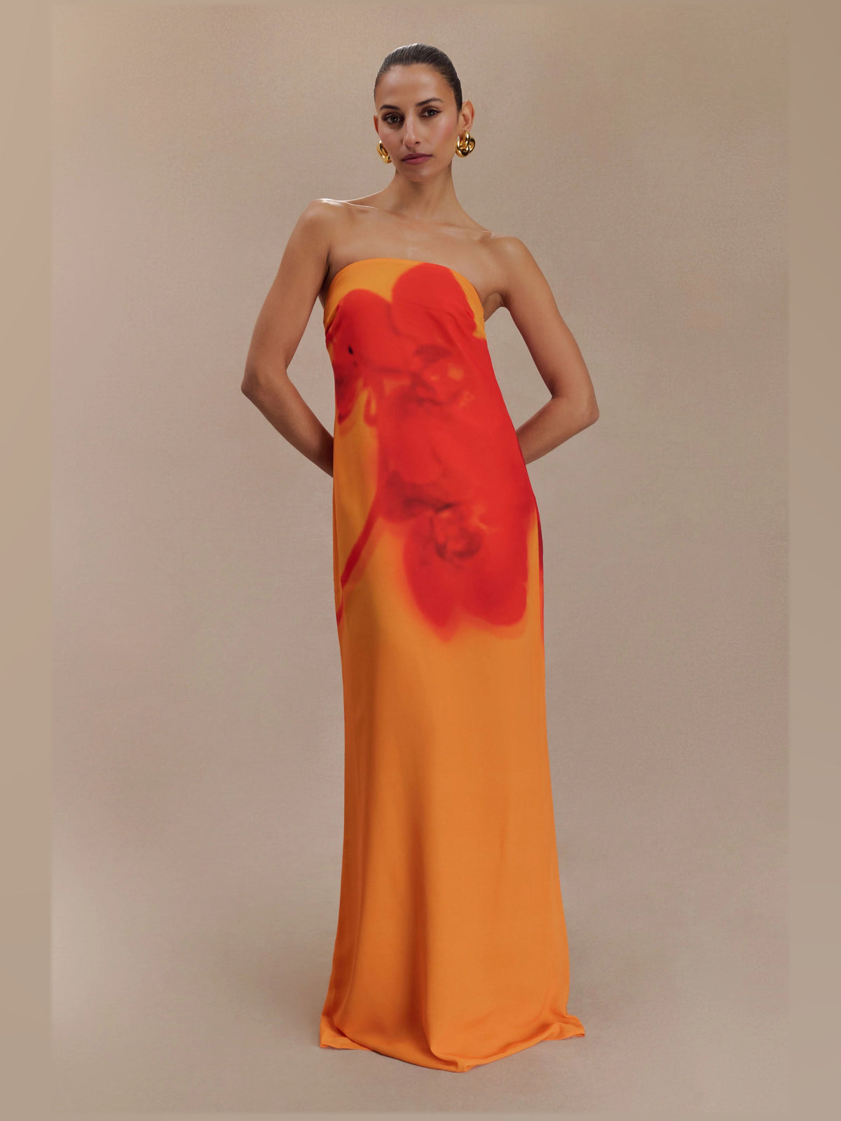 Orange formal dress with strapless neckline