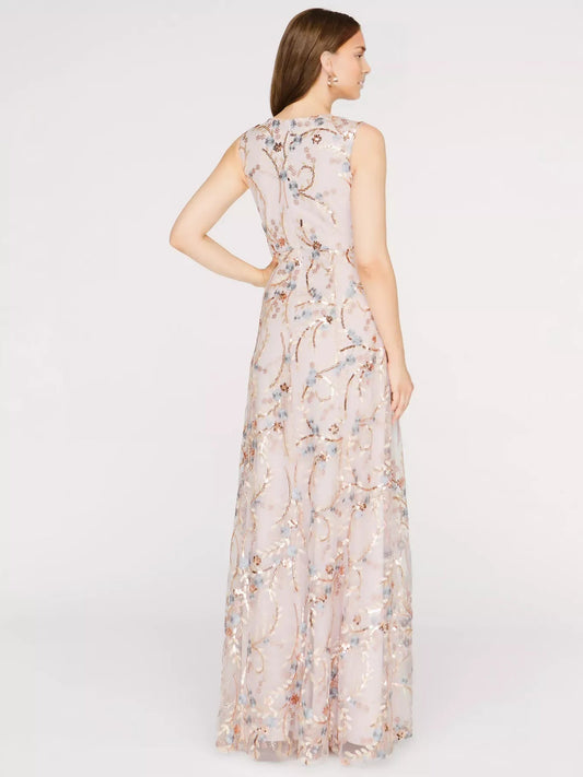 Back view of beaded floral print V-neck floor-length formal dress, sleeveless, blush tone