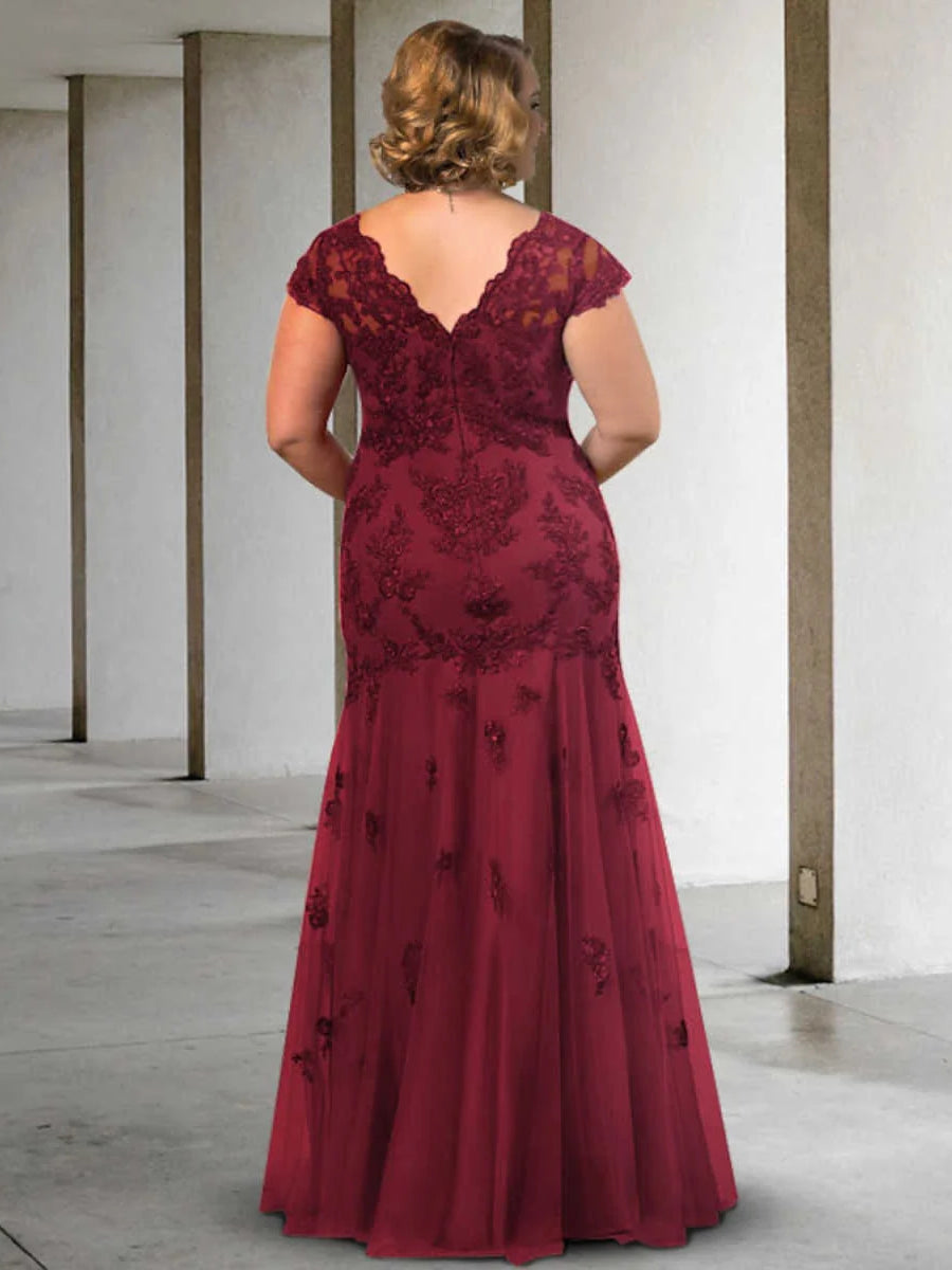 Burgundy floral A-line floor-length dress, V-back with short sleeves