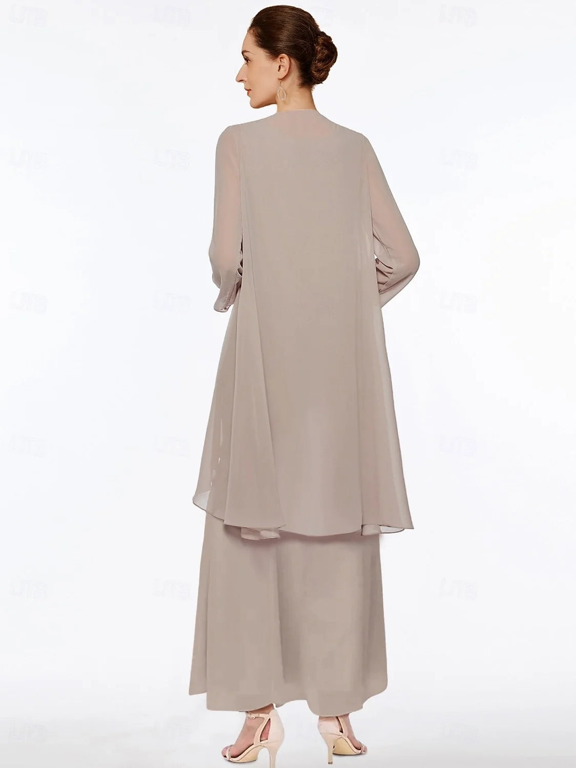 Layered scoop-neck A-line maxi chiffon dress, back view in light khaki