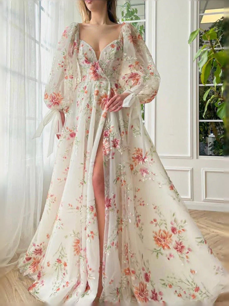 Floral tulle prom dress with sweetheart neckline, off-shoulder puff sleeves, slit A-line skirt.