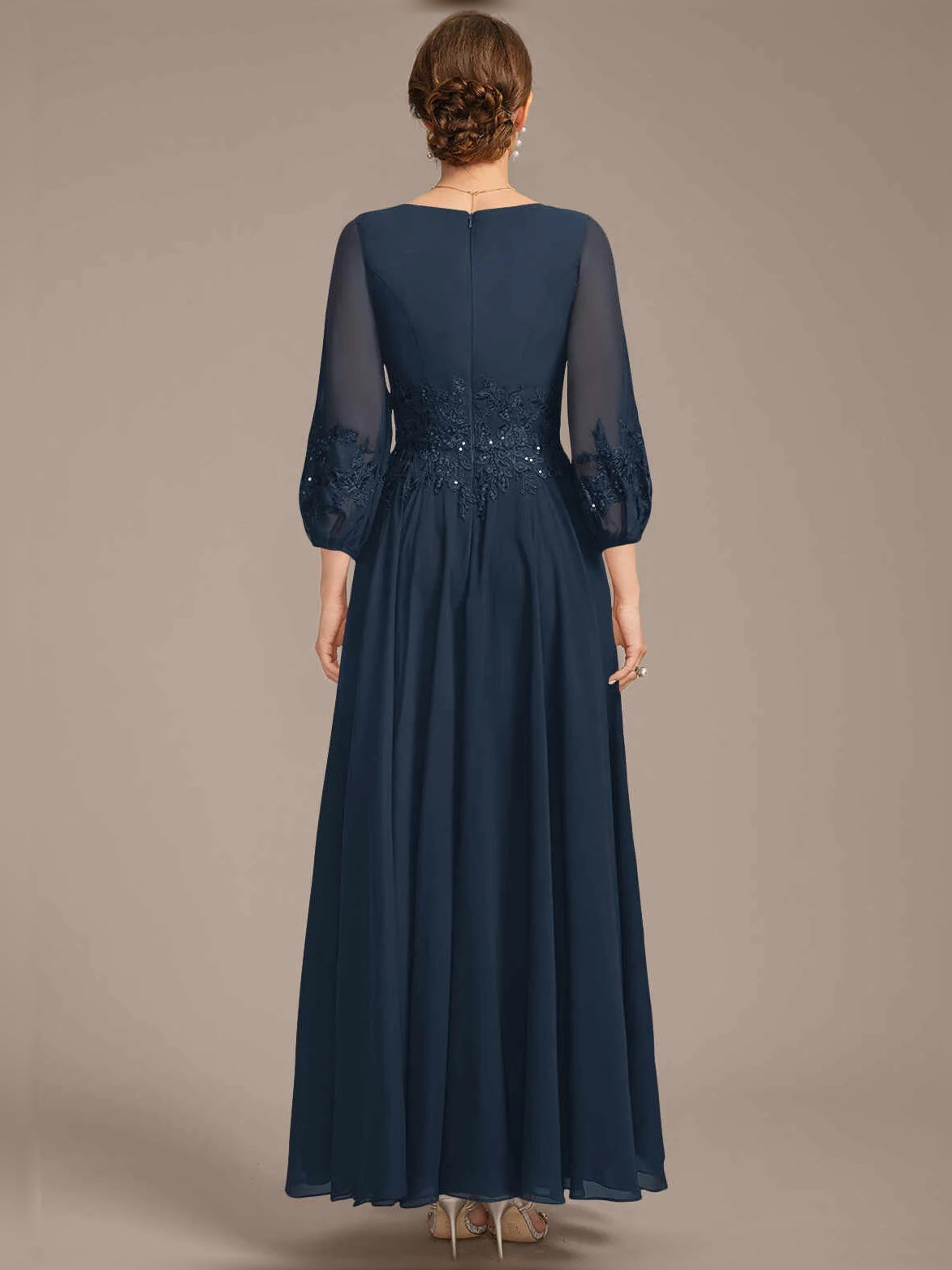 Dark navy back view of V-neck A-line chiffon mother-of-the-bride dress