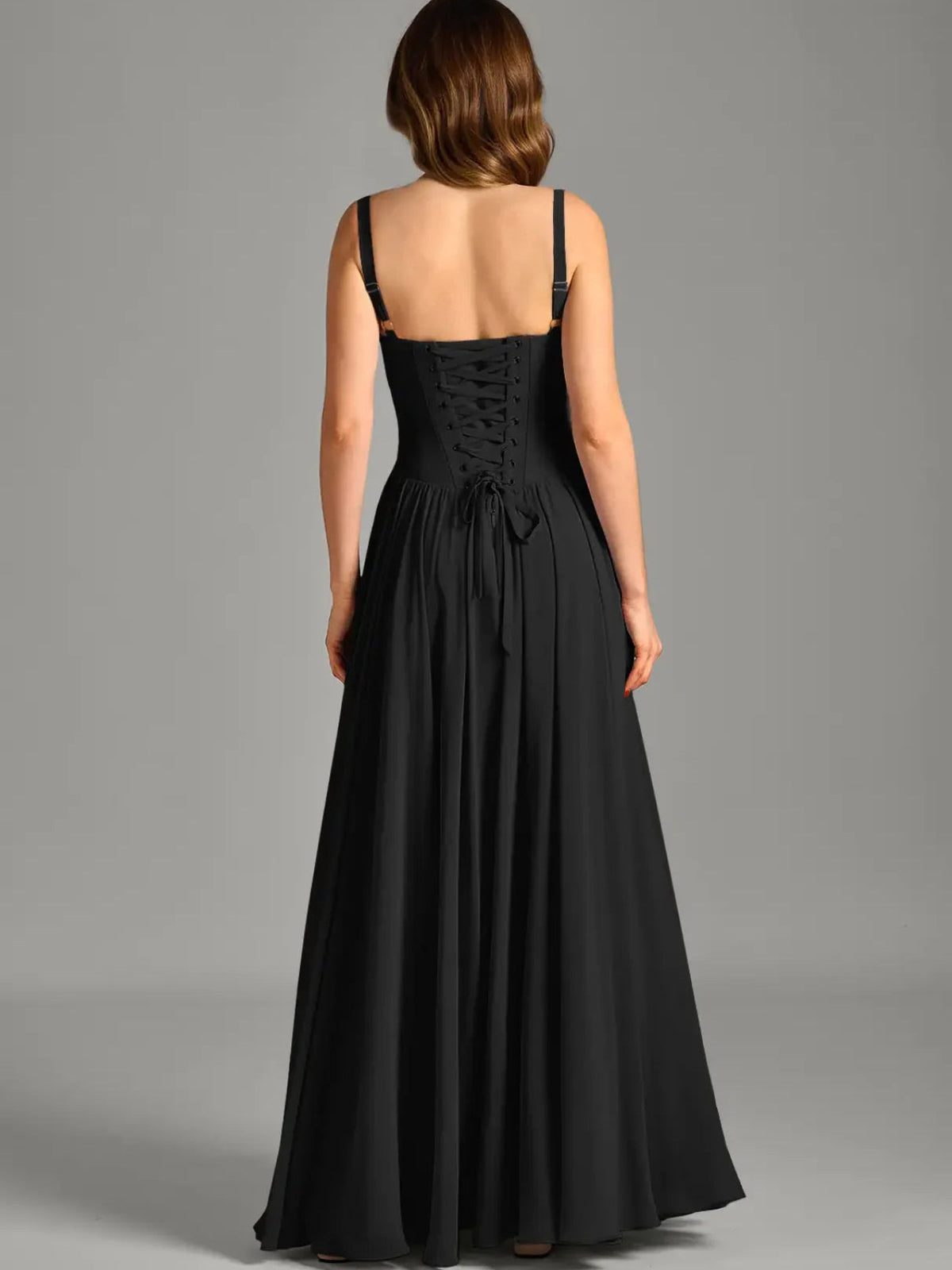 Black corset A-line maxi chiffon dress with spaghetti straps and buttoned back