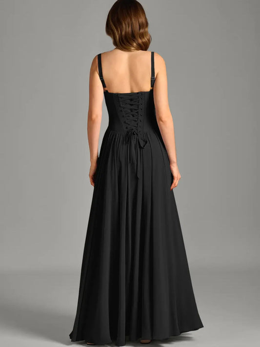 Black corset A-line maxi chiffon dress with spaghetti straps and buttoned back