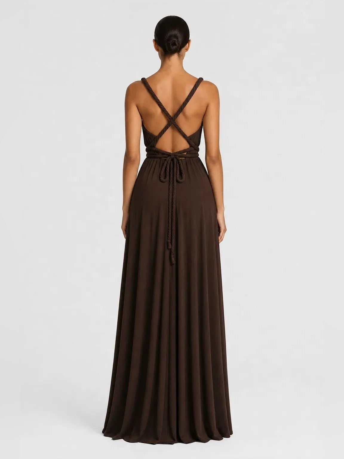 Chocolate-brown backless maxi dress, crisscross straps, gathered waist tie