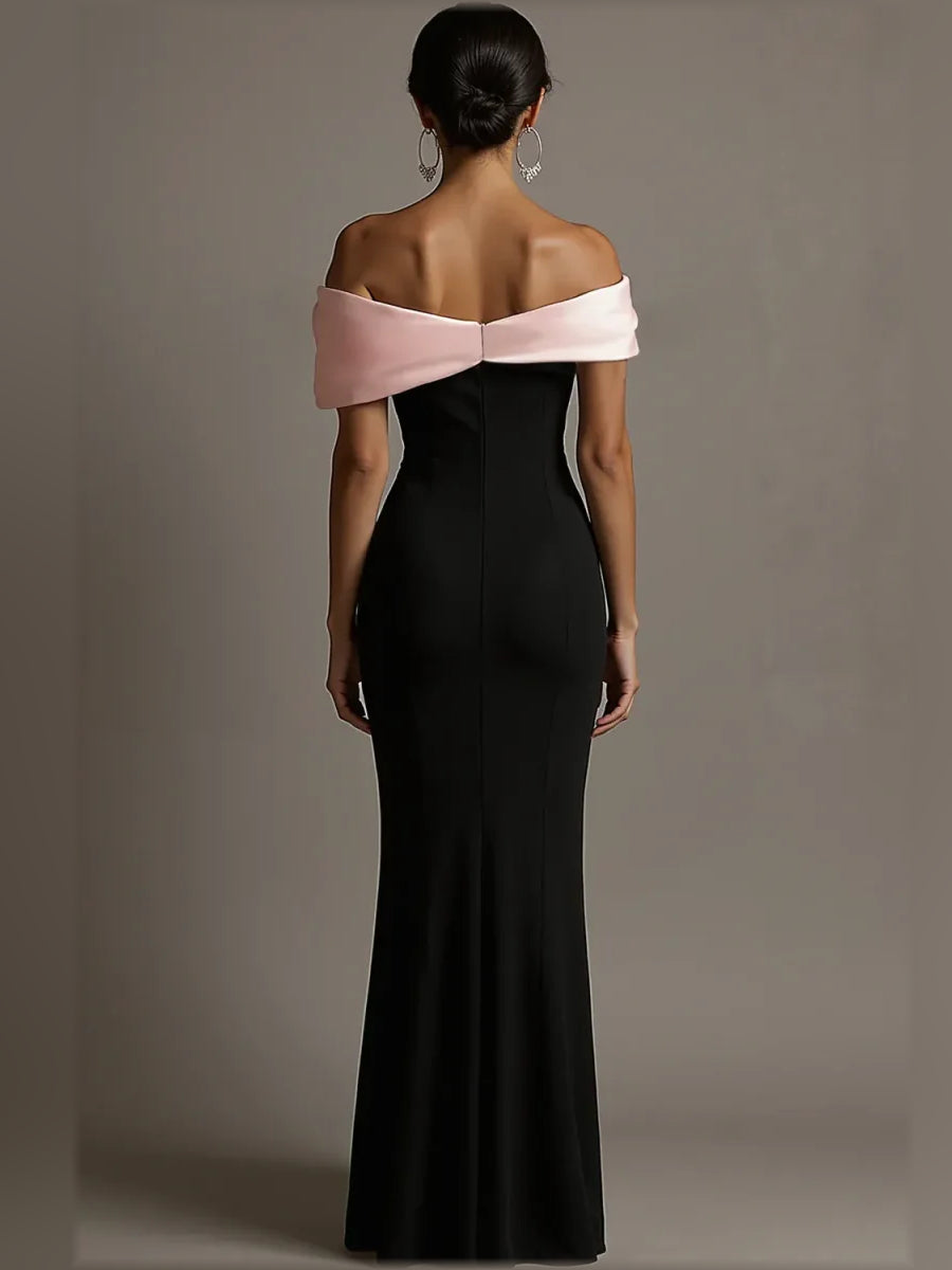 Black off-shoulder corset mermaid evening dress with pink satin draped sleeves