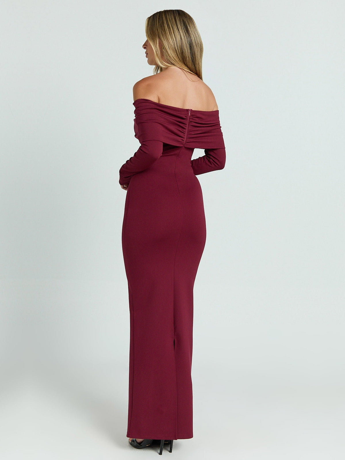 Wine bodycon maxi formal dress with ruching, full-length back view