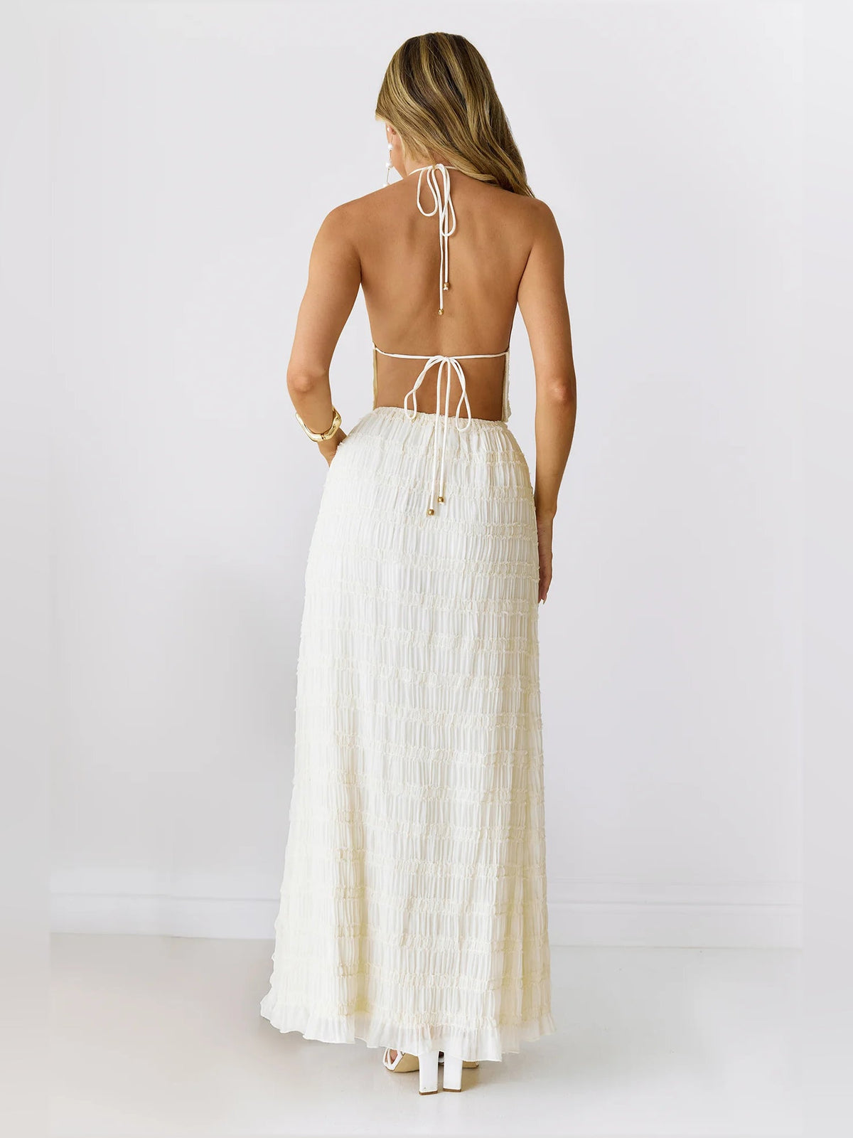 Cream a-line maxi formal dress with a-line, full-length back view