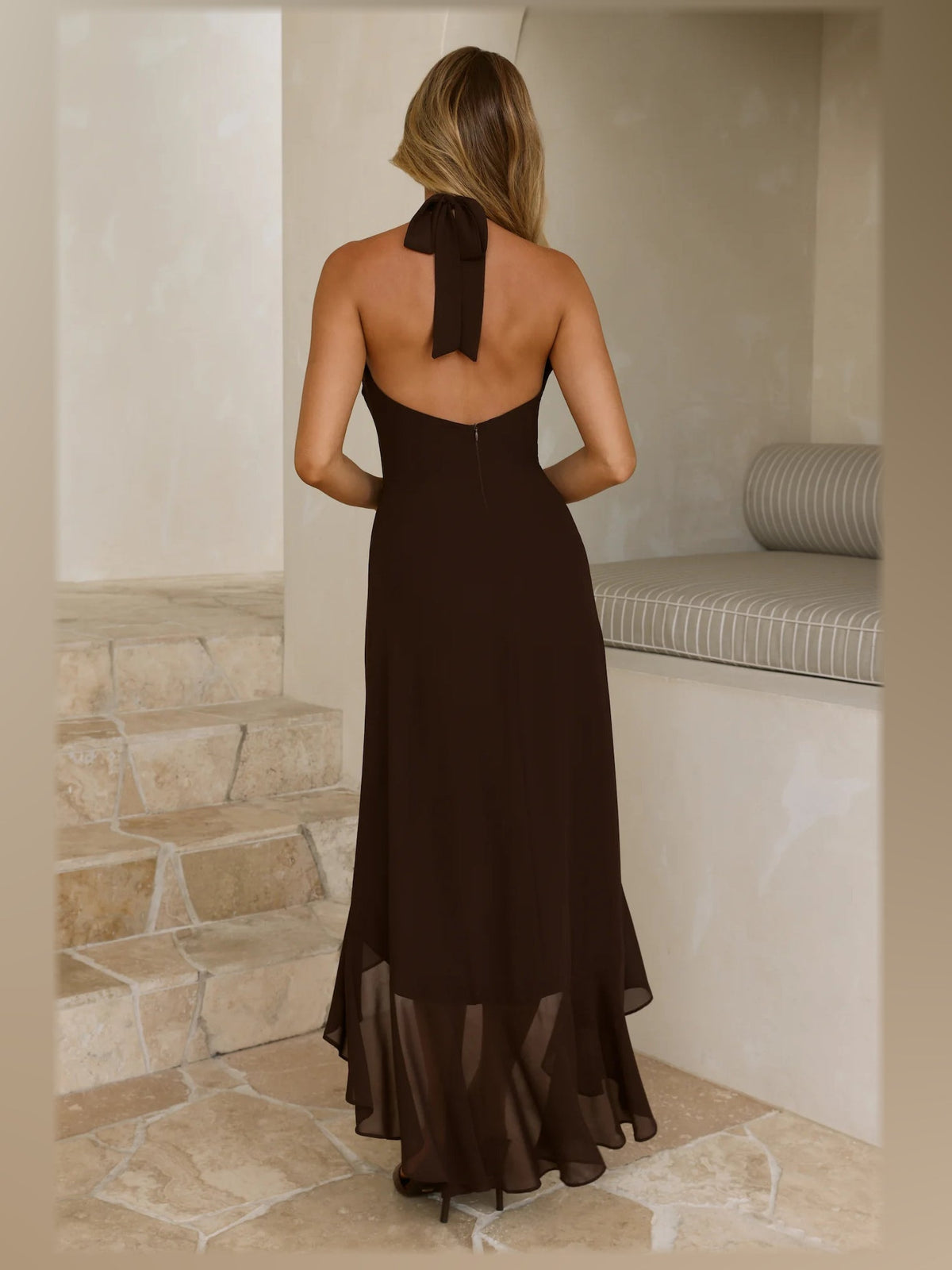 Chocolate maxi formal dress, back full-length view showing the bodice