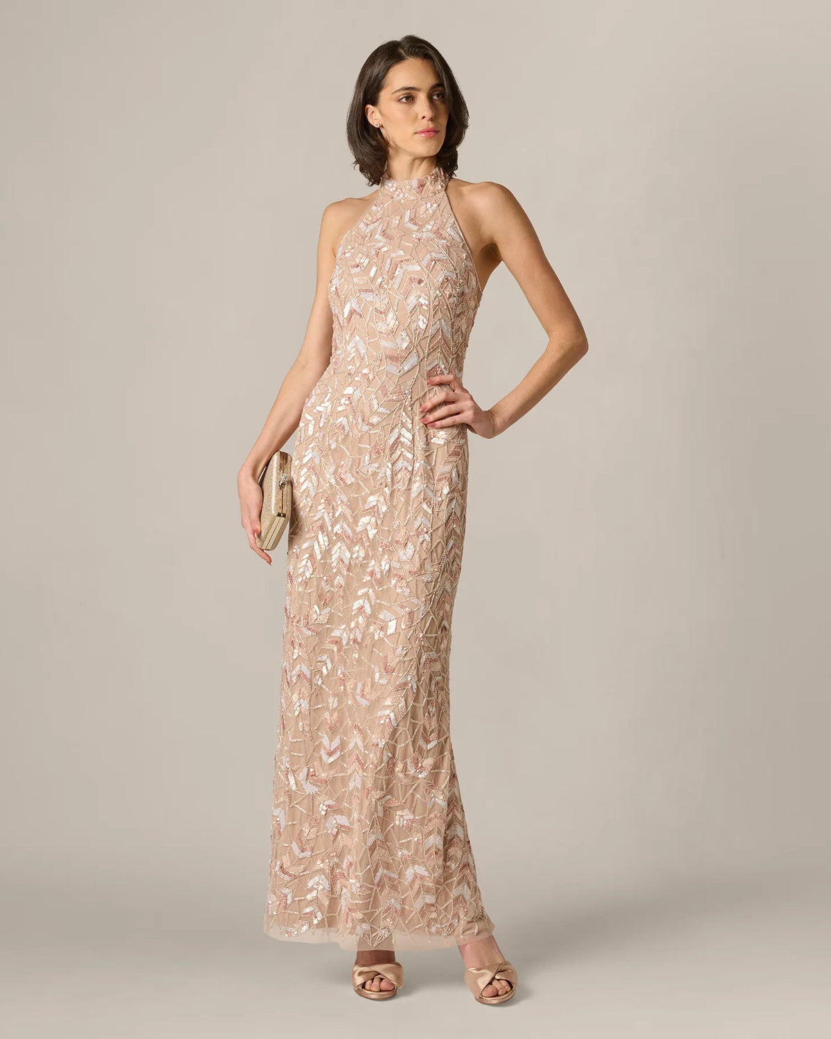 Rose taupe embellished halter maxi dress with A-line skirt, allover sequin texture