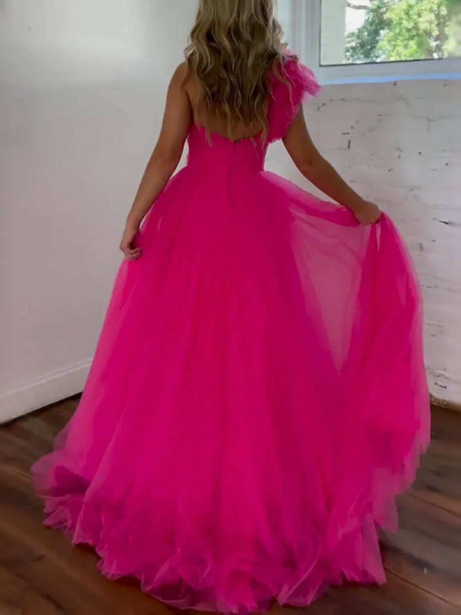 Hot pink tulle prom dress back view, sleeveless style, ruffled shoulders, layered skirt