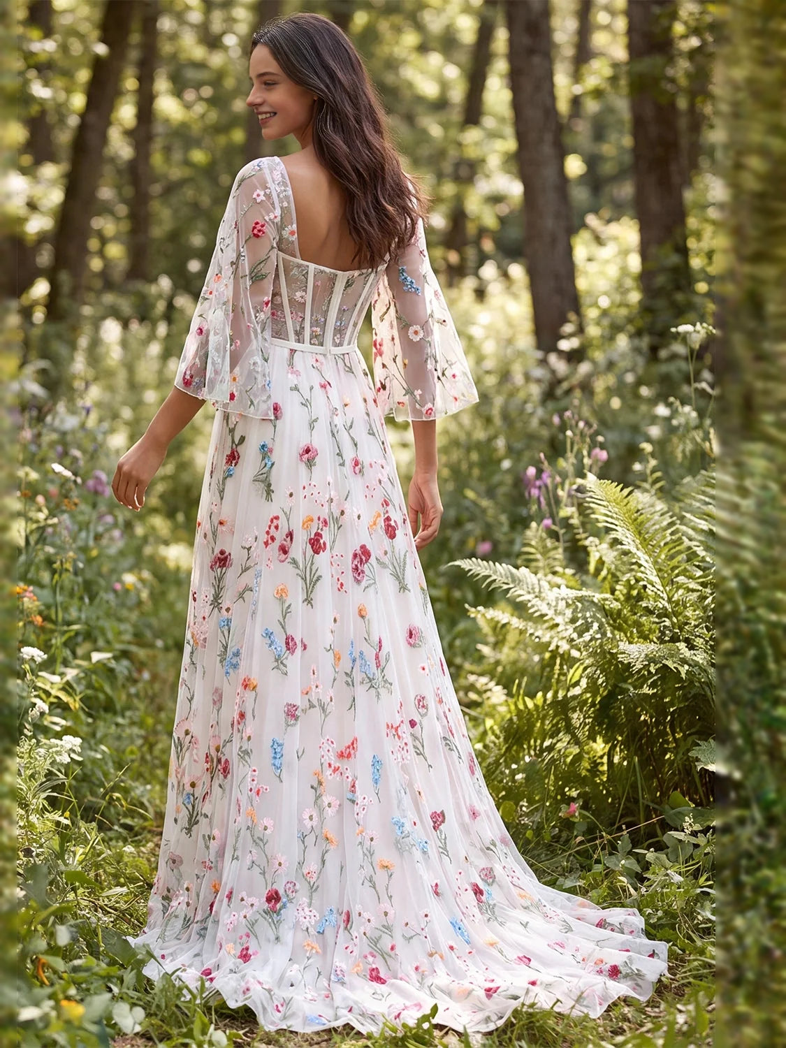Ivory floral tulle maxi dress, back view, corset bodice and full-length A-line skirt