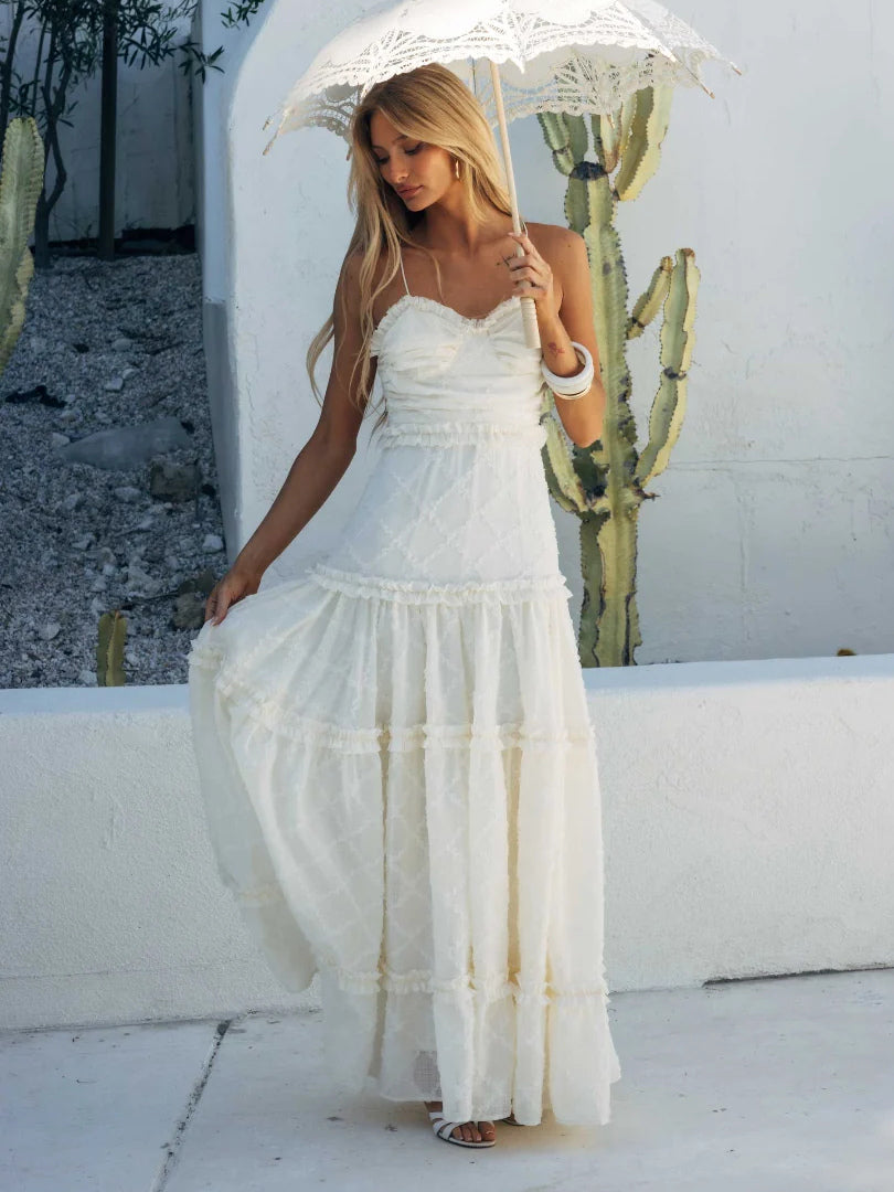 Cream formal dress with a-line silhouette
