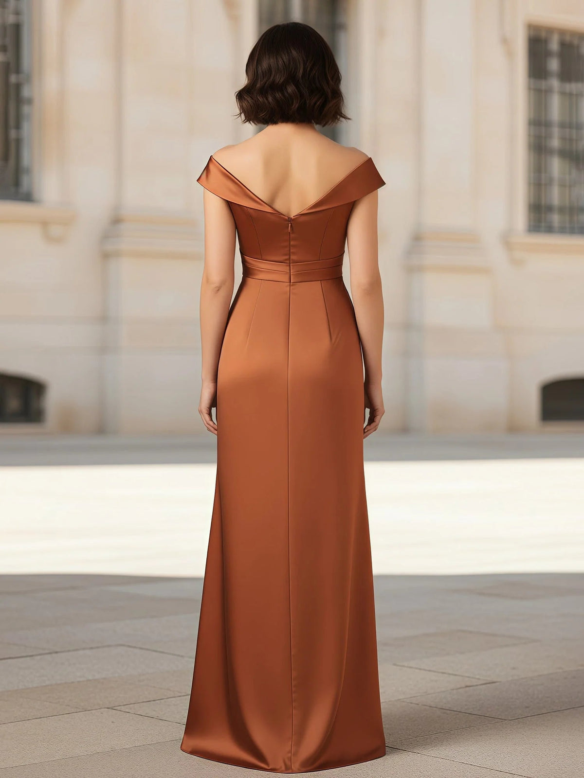 Rust ruched V-back sheath dress with draped shoulders, floor-length chiffon