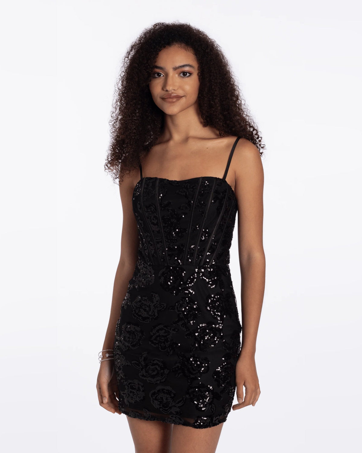 Black sequin lace spaghetti-strap sheath mini dress with sweetheart bodice