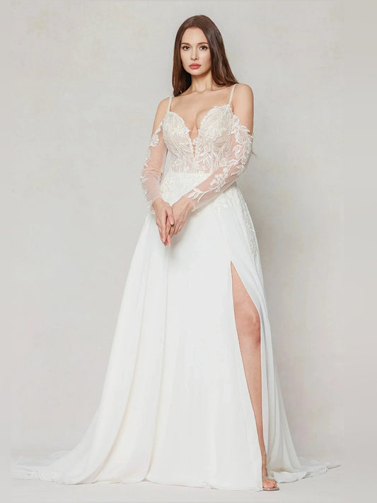 Ivory A-line wedding dress with floral lace bodice, V-neck straps, long chiffon skirt, side slit