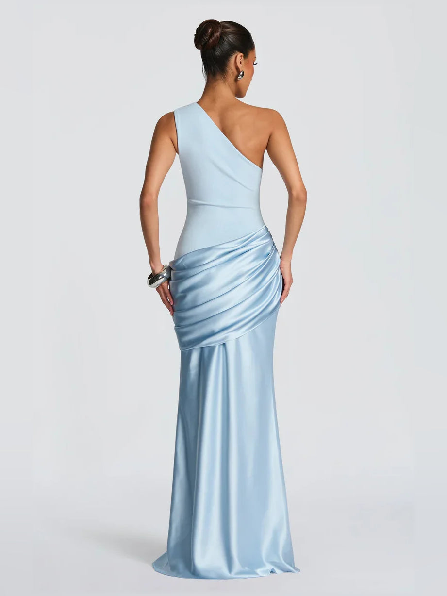 Light blue one-shoulder satin ruched mermaid maxi formal dress, back view