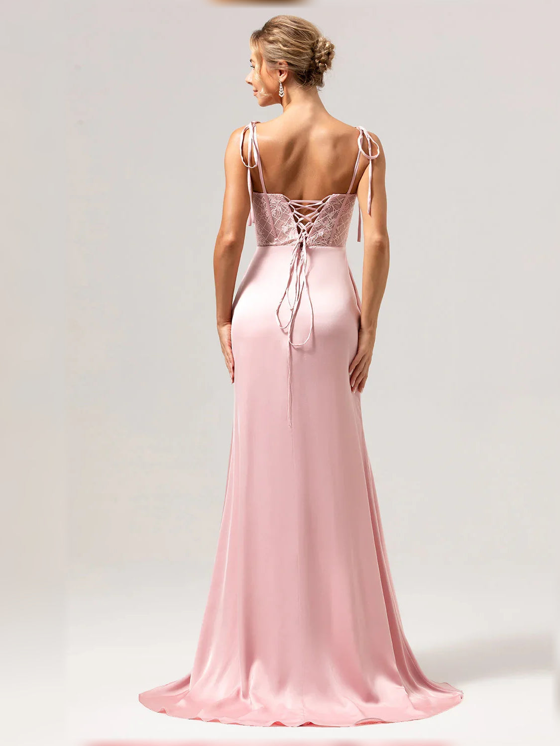 Light pink corset formal dress, V-back with tie straps and front leg slit