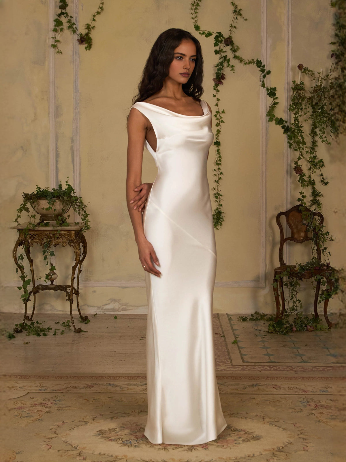 Ivory satin cowl-neck sheath maxi prom dress, sleeveless, draped seams