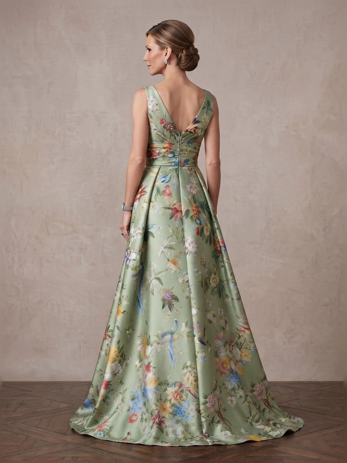Sage green floral satin A-line maxi dress with V-back and sleeveless skirt.