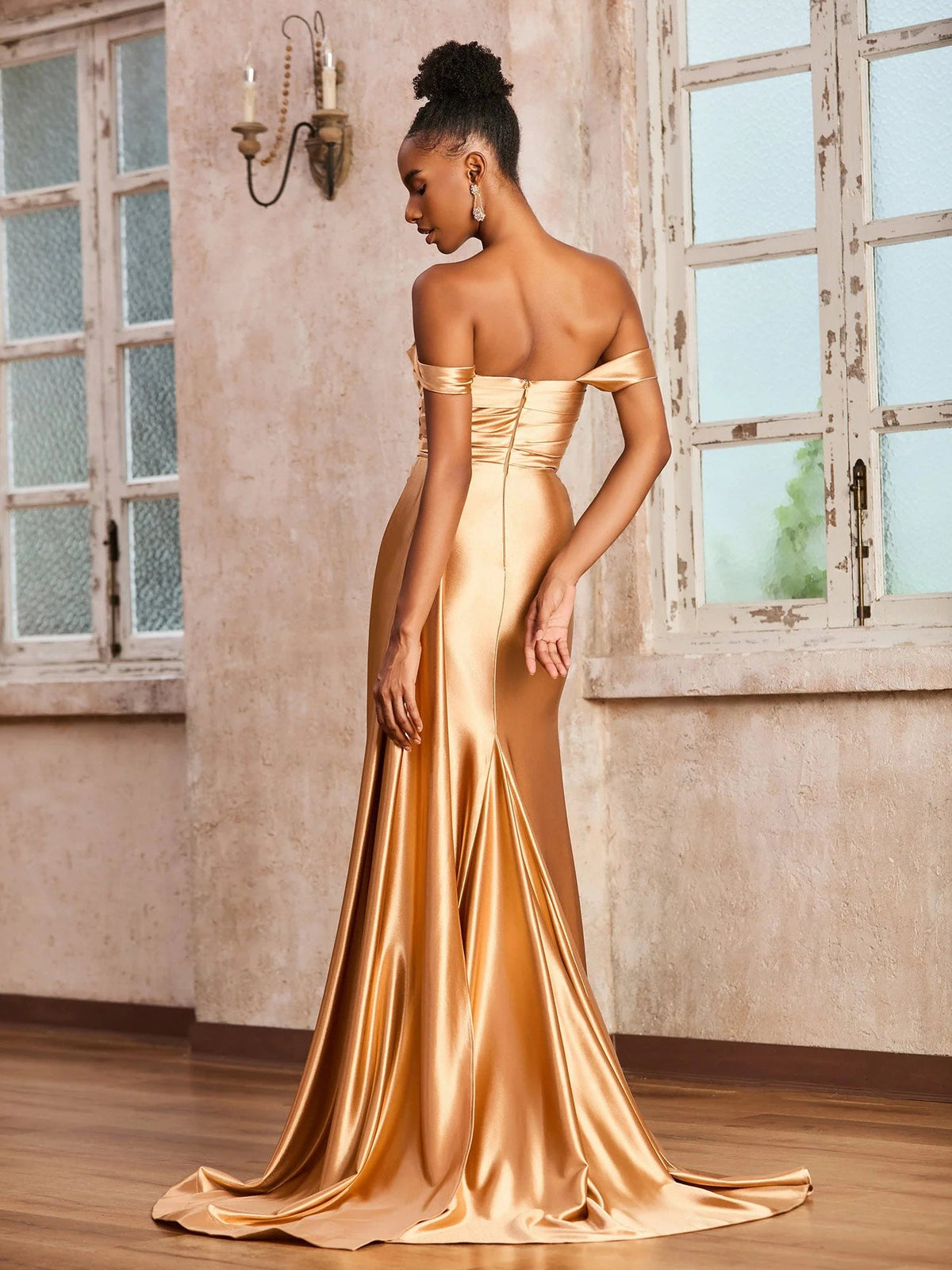 Champagne gold off-shoulder satin formal dress with sweetheart neckline and open back