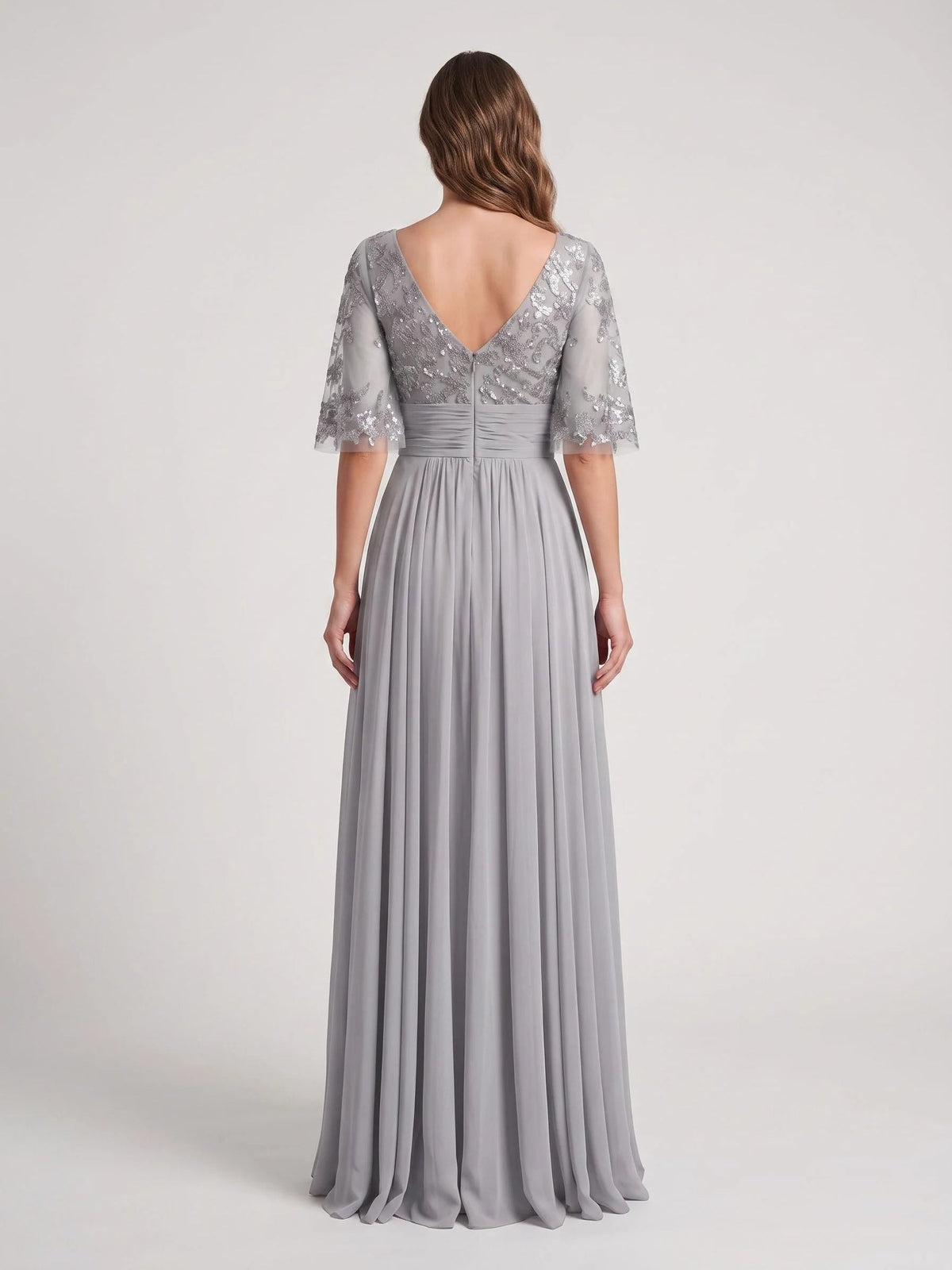 Steel grey chiffon A-line dress with embroidered V-back ruched bodice, sheer sleeves