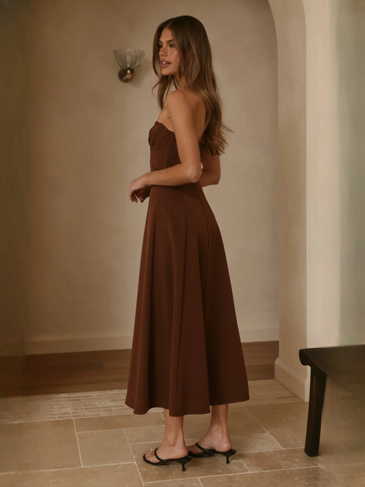 Chocolate strapless midi formal dress, sweetheart bodice with flared skirt, side view