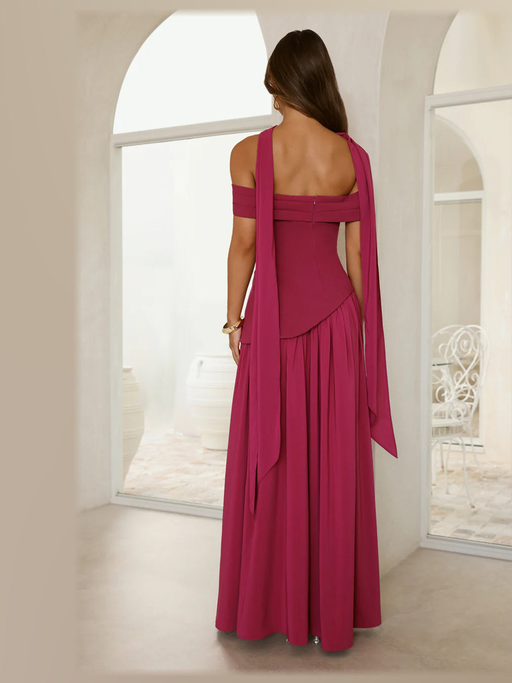 Magenta maxi formal dress, back full-length view showing the bodice