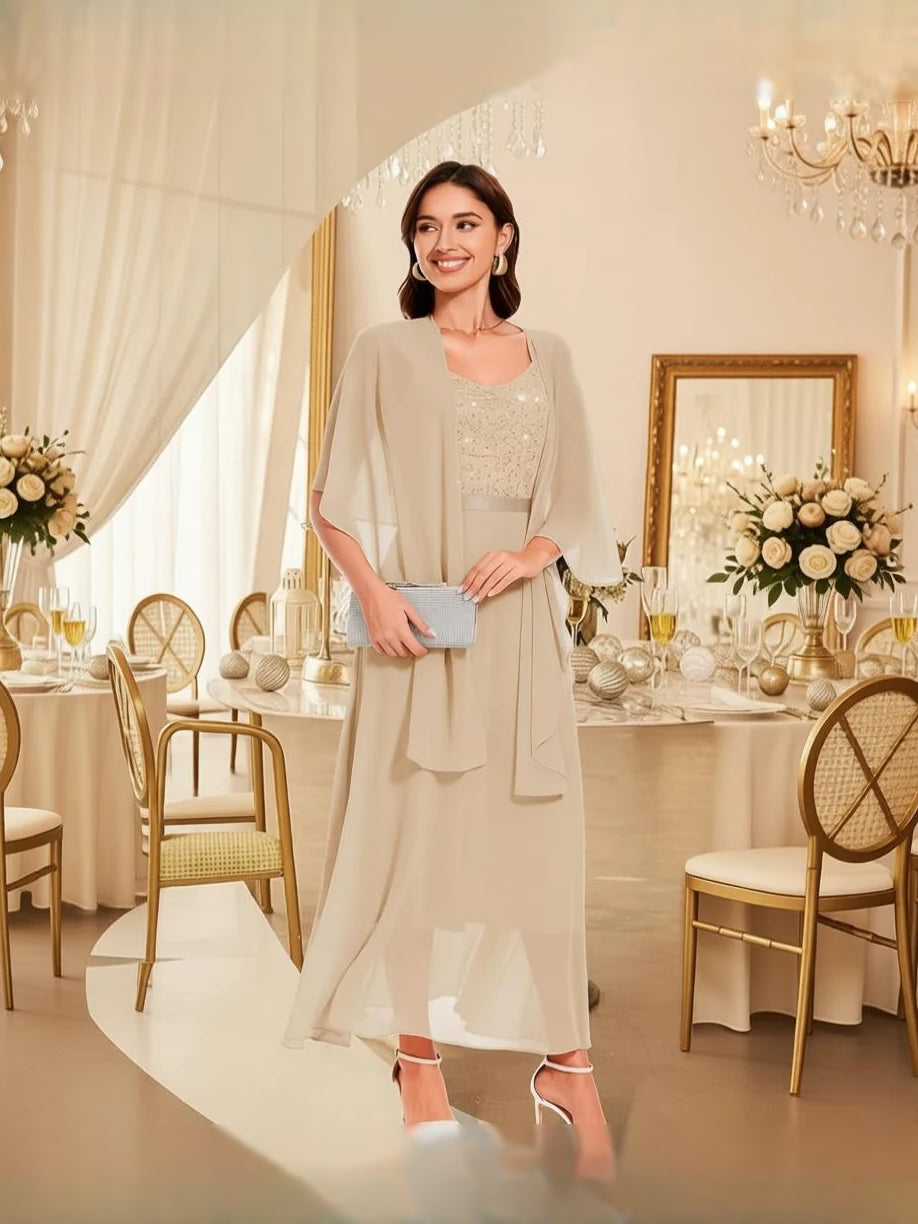 Champagne satin A-line midi dress with V-neck sequin bodice and chiffon cape sleeves