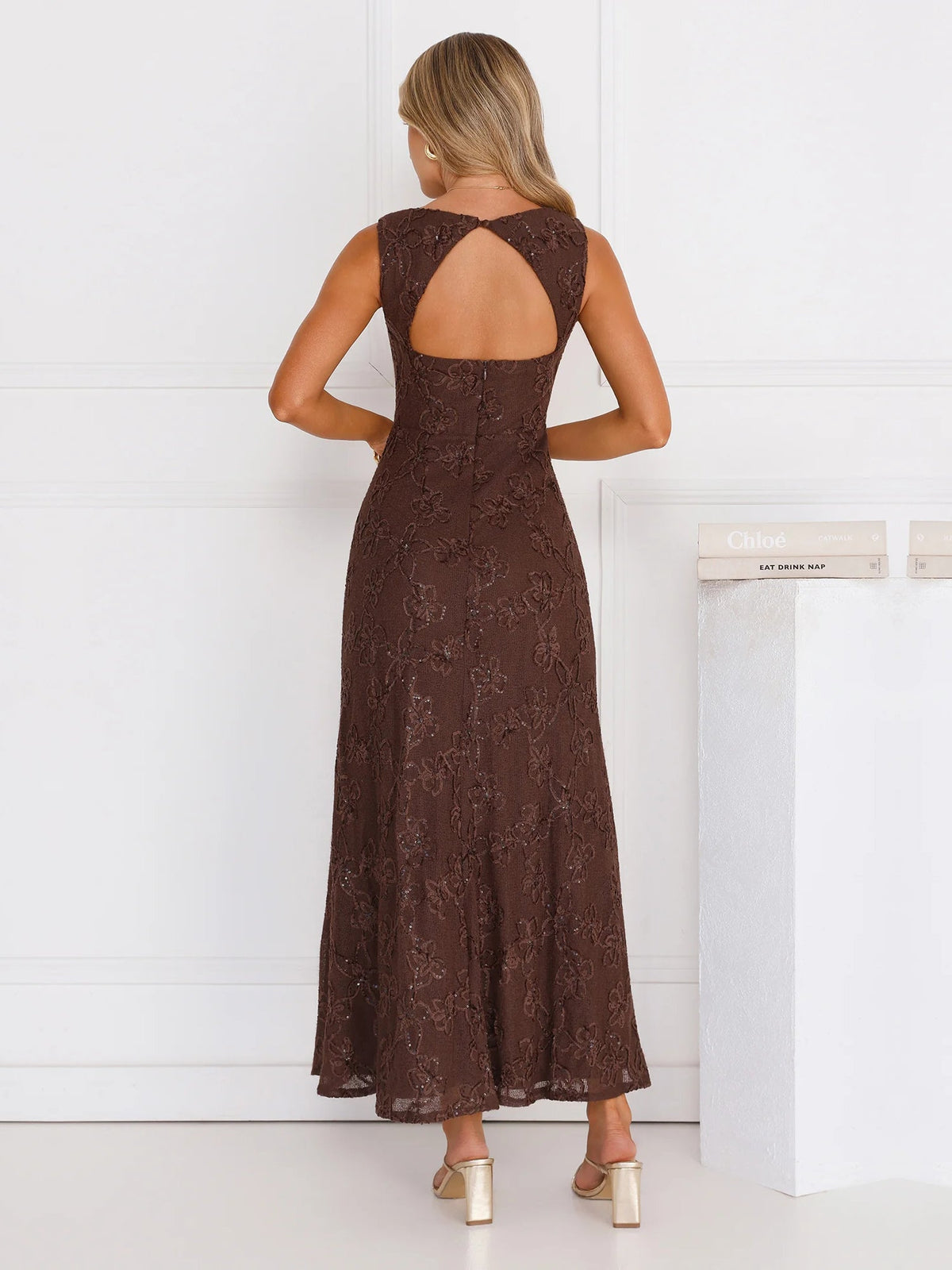 Brown lace halter A-line maxi dress with sleeveless open-back detail