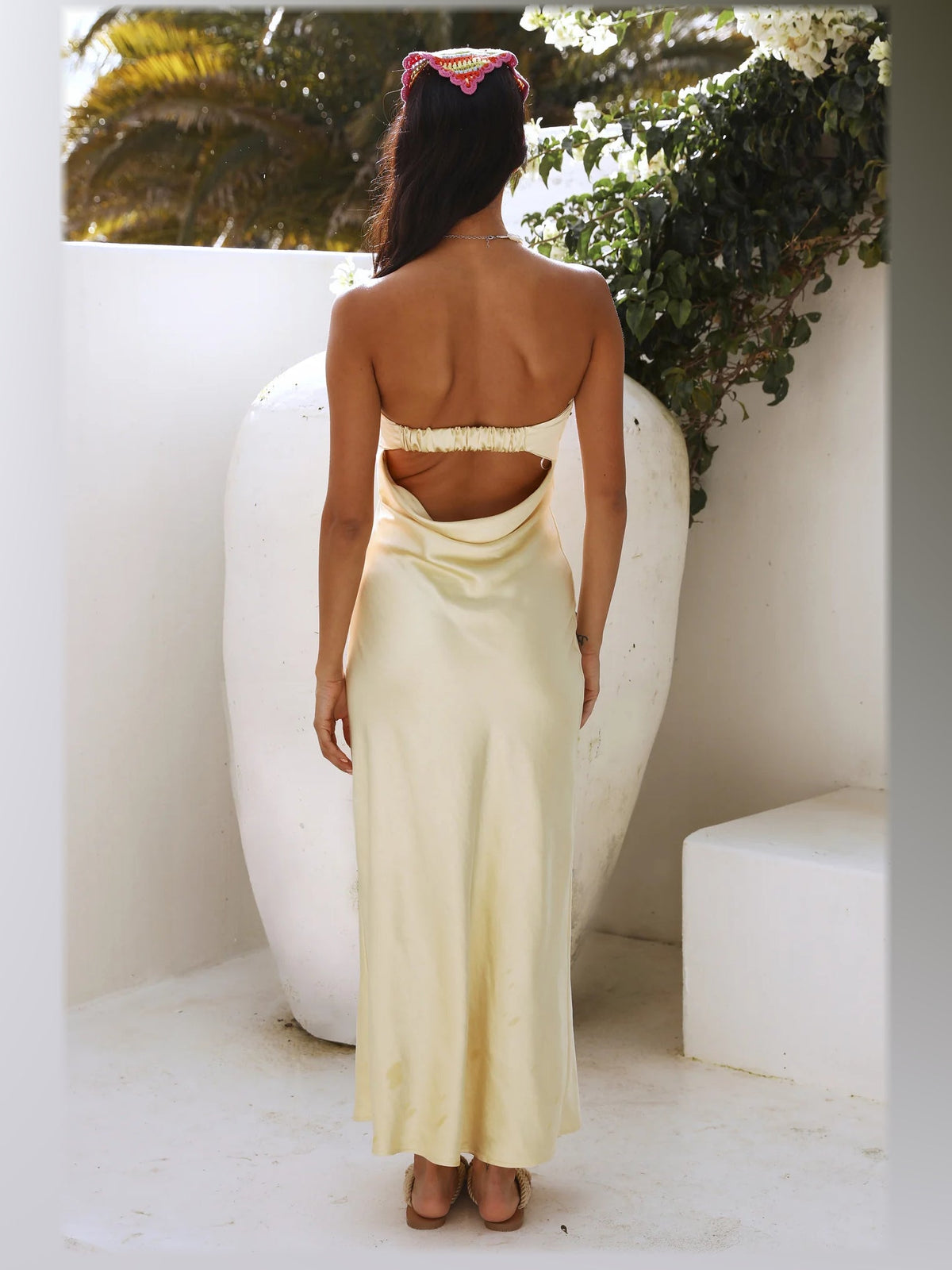 Yellow maxi formal dress, back full-length view showing the bodice