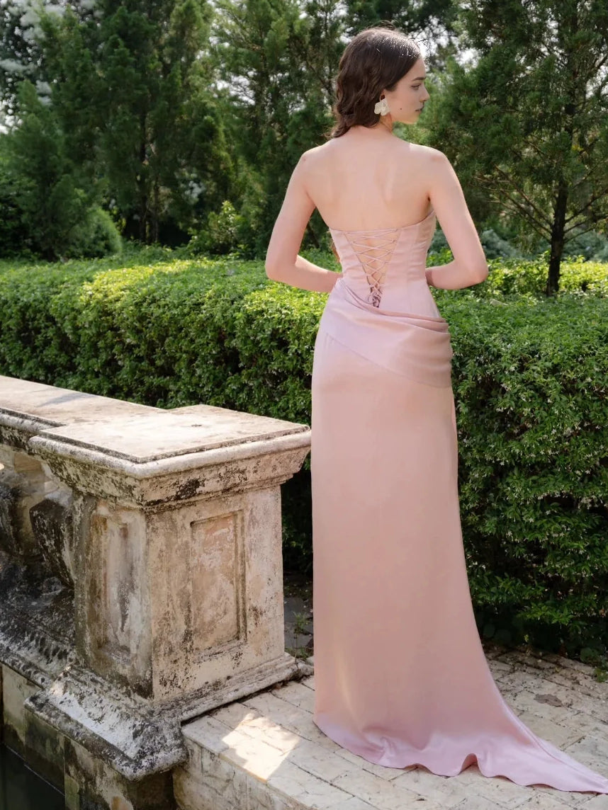 Light blush satin mermaid bridesmaid dress, ruched waist, crisscross corset-style back, floor length
