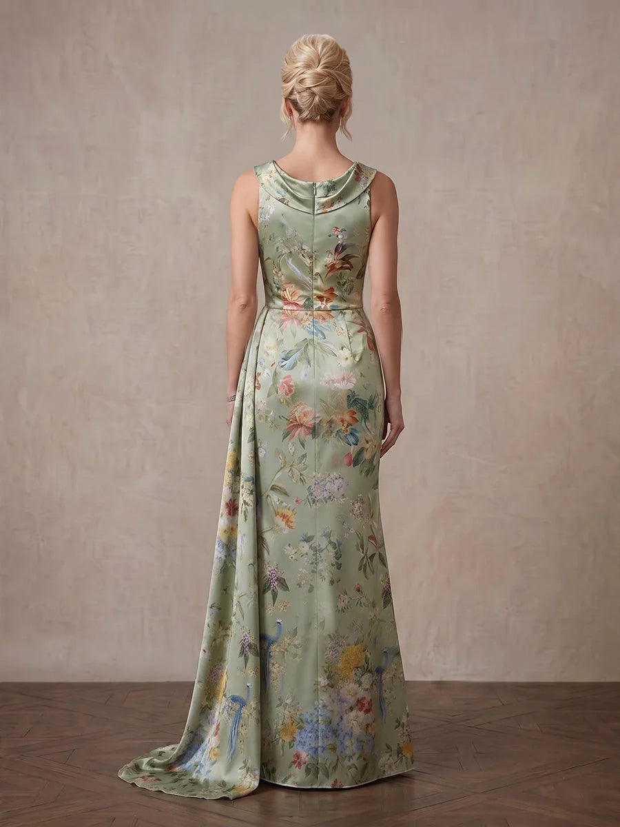 Sage green floral satin halter sheath dress, draped back, floor length