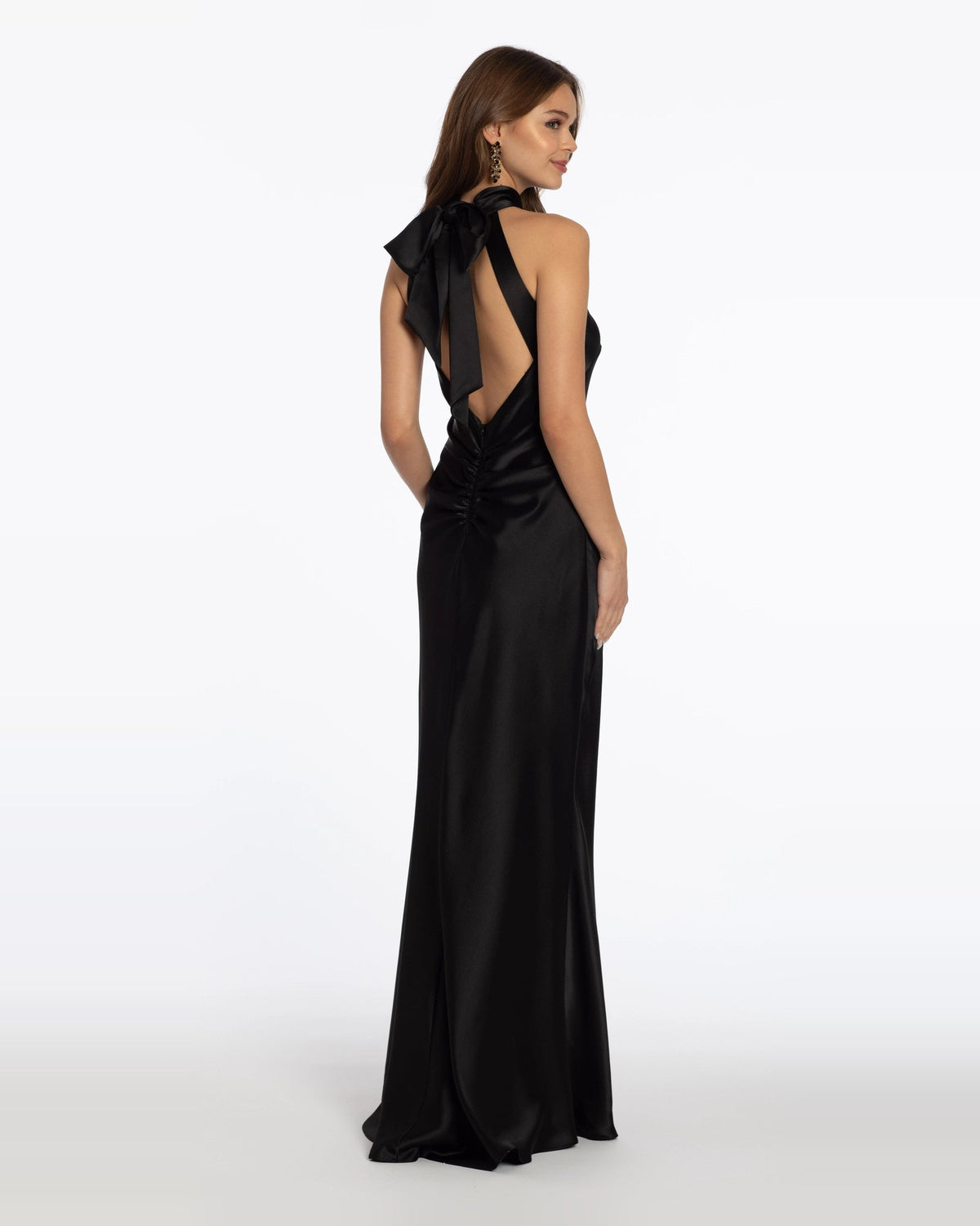 Black halter column maxi prom dress, open back with draped bow detail