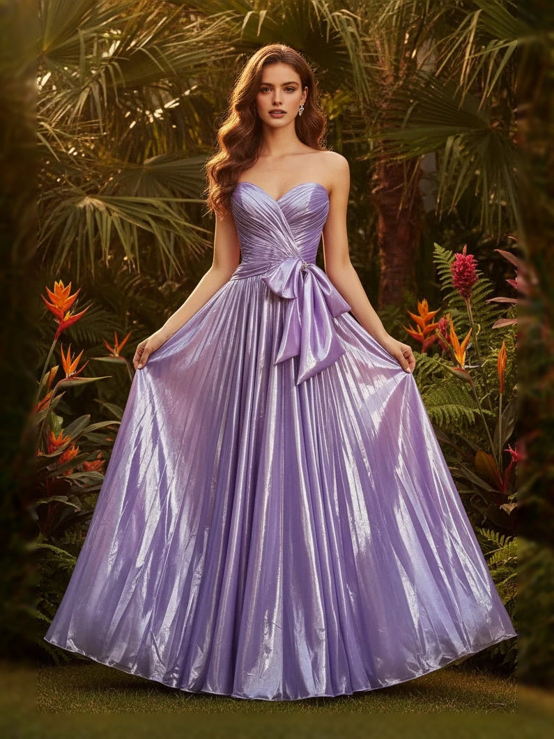 Light purple sweetheart A-line maxi dress with ruched bodice and bow at waist, sleeveless