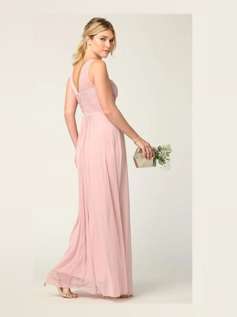Blush pink chiffon A-line maxi bridesmaid dress with sleeveless illusion neckline.
