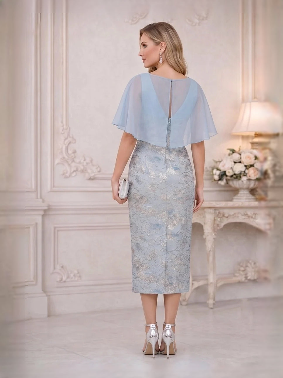Light blue floral chiffon sheath midi dress, V-neck with open back and flutter sleeves