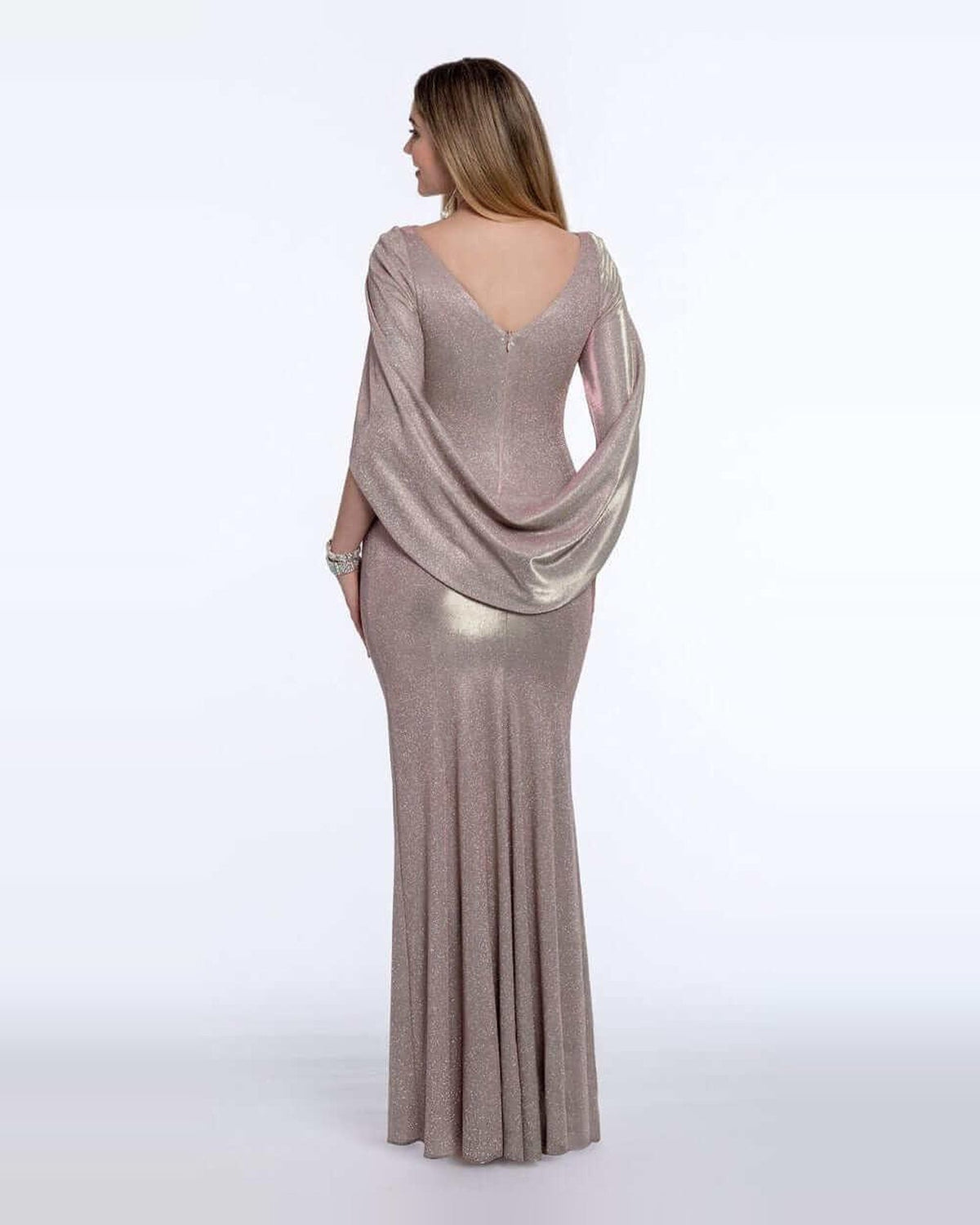 Back view: gold ruched draped sheath prom dress with bateau neckline, floor-length