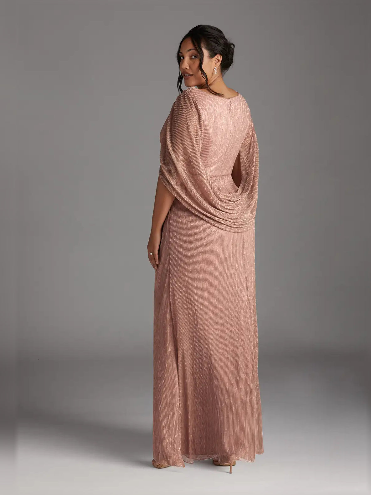 Rose-gold ruched scoop-neck sheath maxi dress with draped fabric detail