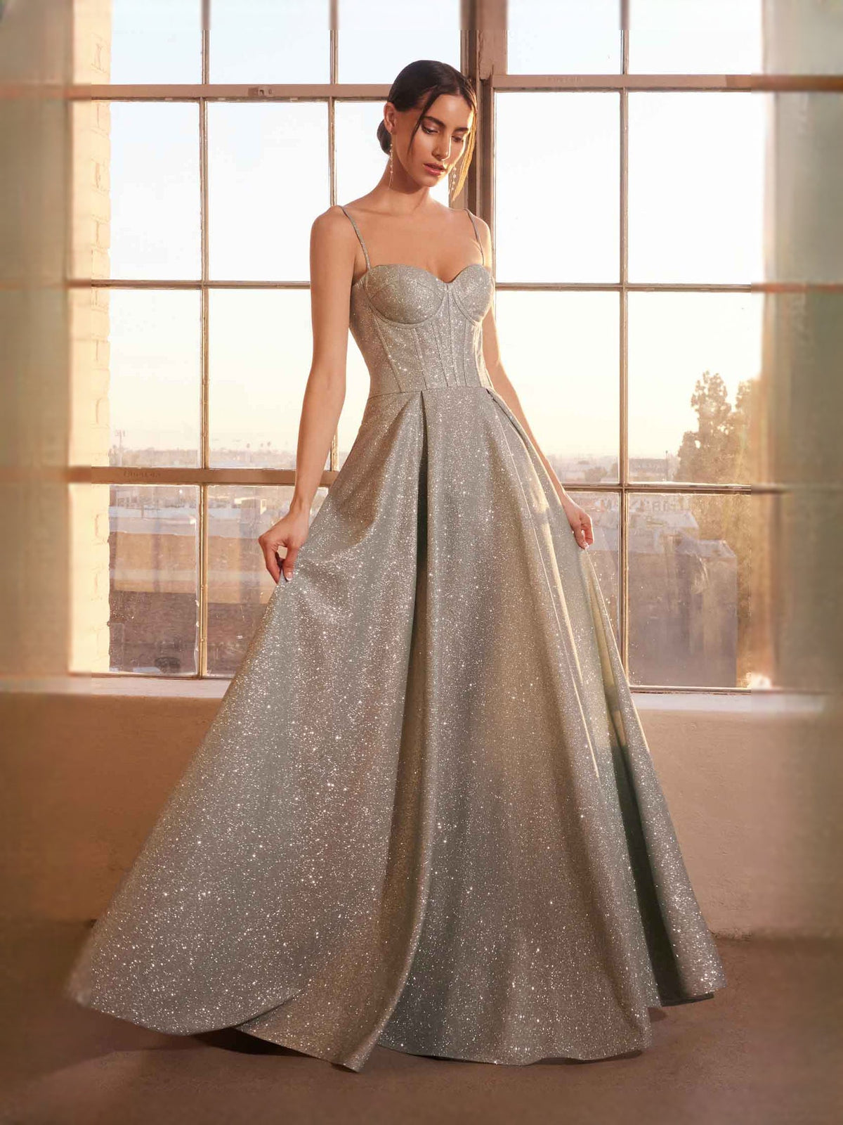 Silver sparkly sweetheart corset prom dress with A-line floor-length skirt