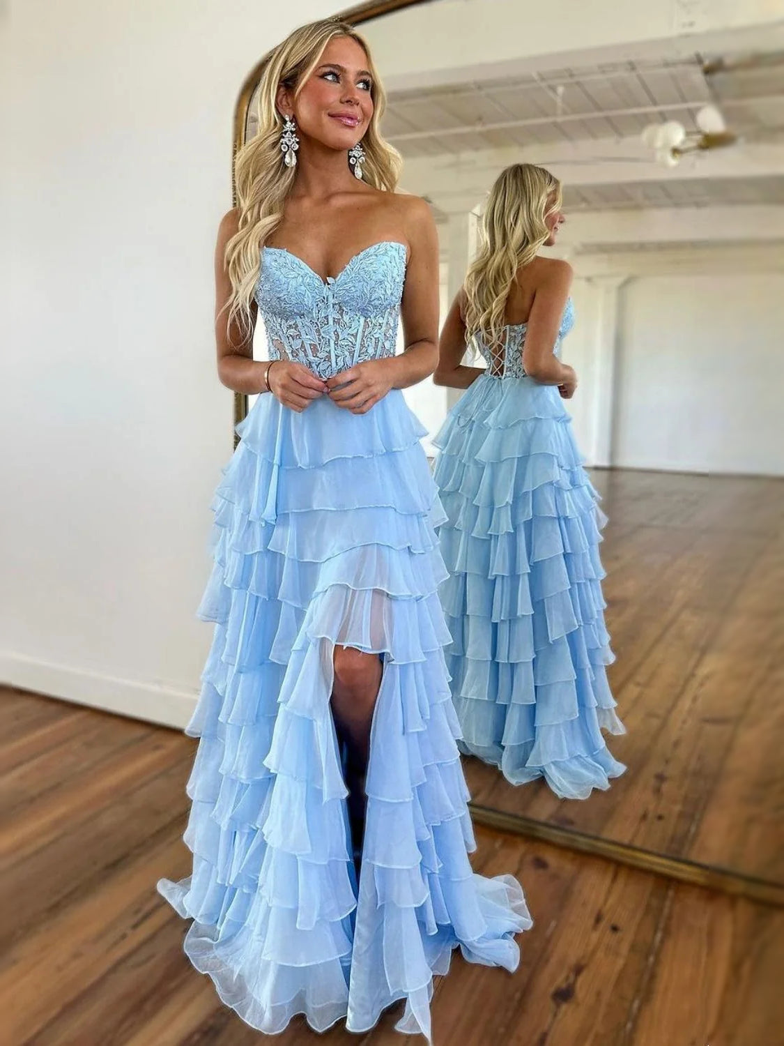 Light blue strapless sweetheart ruffle tier maxi dress with open back