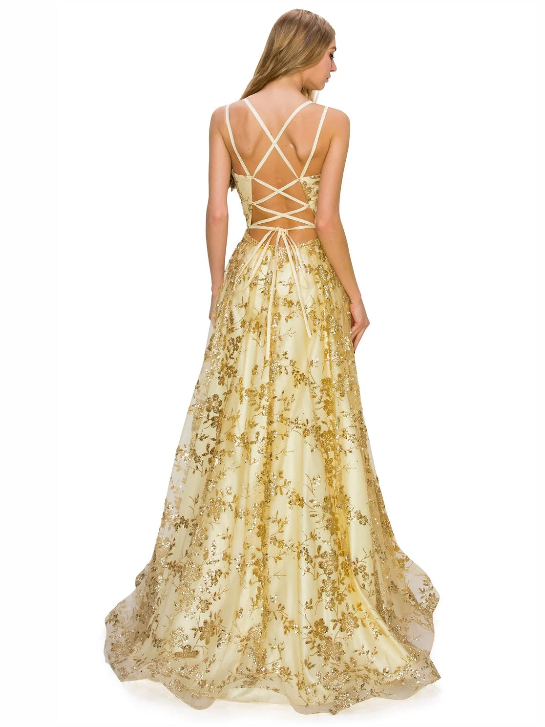 Gold sequin prom dress with open back and crisscross spaghetti straps, A-line skirt