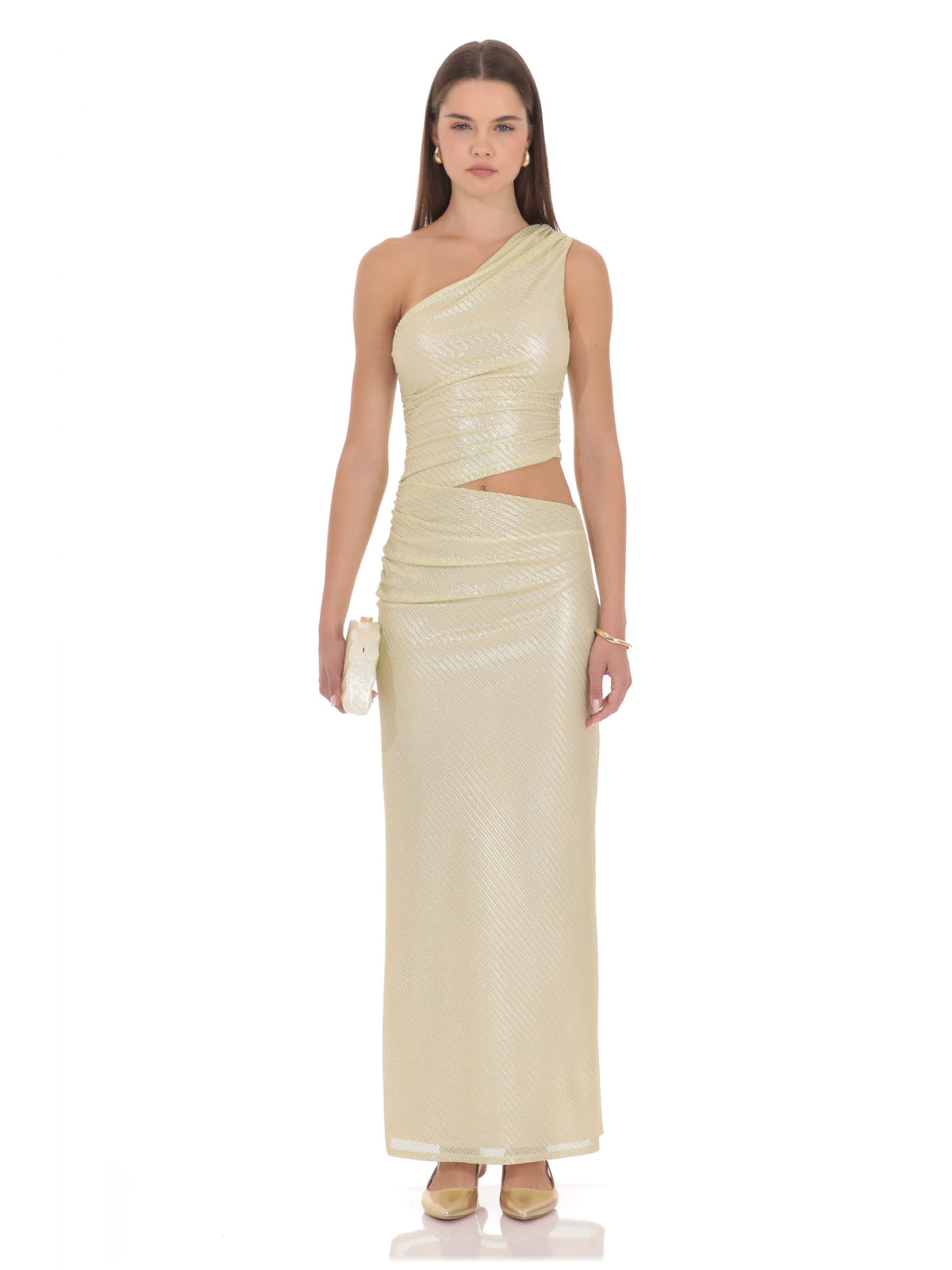 Gold bridesmaid dress with one shoulder neckline