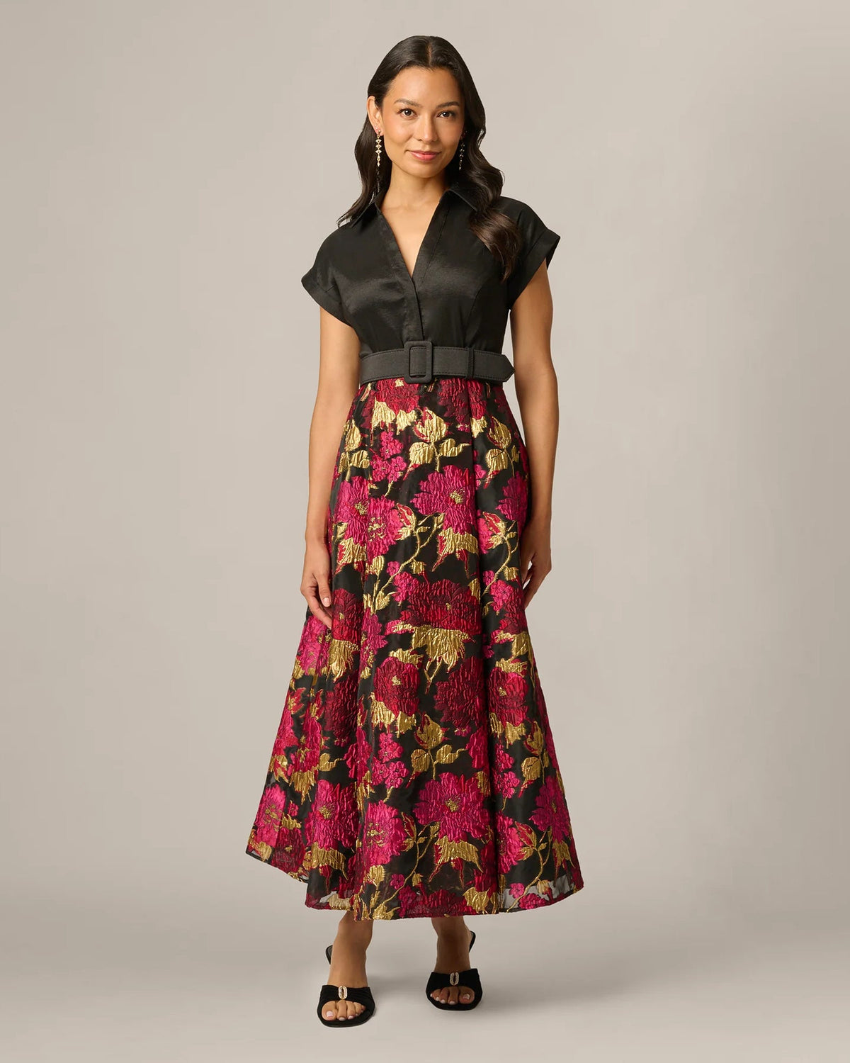 Black short-sleeve V-neck belted dress with floral A-line maxi skirt