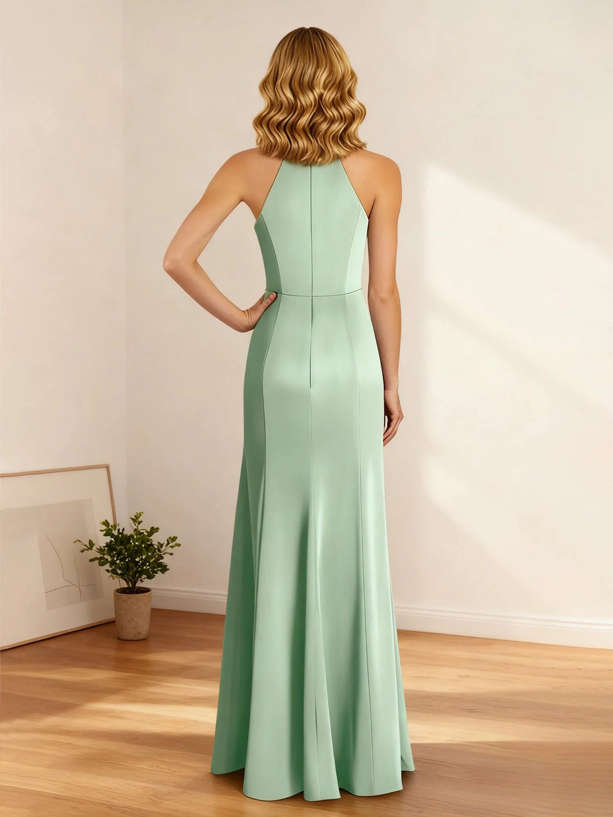 Dusty sage halter neck satin mermaid dress with open back, floor-length