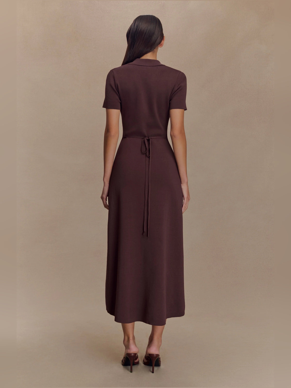 Back view of chocolate-brown knit midi dress with short sleeves and tie-waist detail