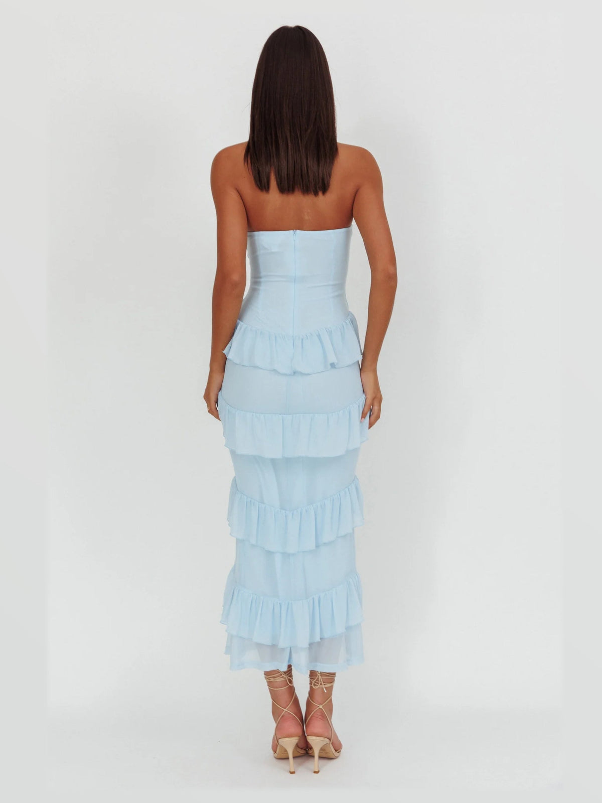 Light blue strapless tiered midi dress, back view with layered ruffle tiers
